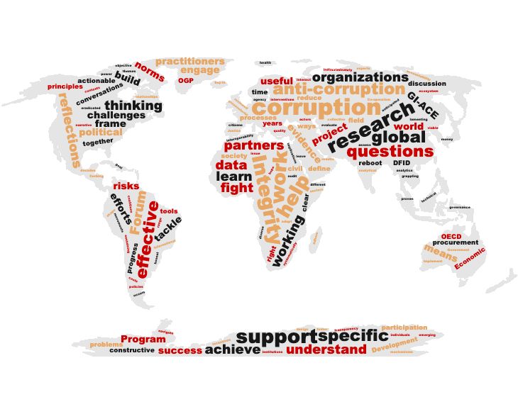 Anti-corruption word cloud on global map overlay