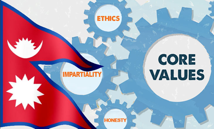 Nepal flag overlaid on interlocking cogs representing core values ethics honesty impartiality
